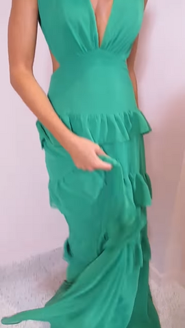 Emerald Green Deep V Neck Layered Ruffles Evening Dress Backless Long Prom Dress Y8386