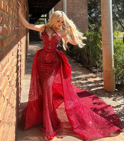 Sparkly Burgundy Tulle Sequins Mermaid Long Prom Dress Evening Dress Y8535