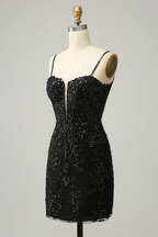 Robe de bal courte noire à sequins et fines bretelles Y3072