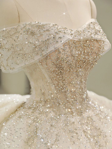 Off Shoulder Wedding Dresses, Large Trailing Princess Tail Dress, Backless White Wedding Dress Y6868