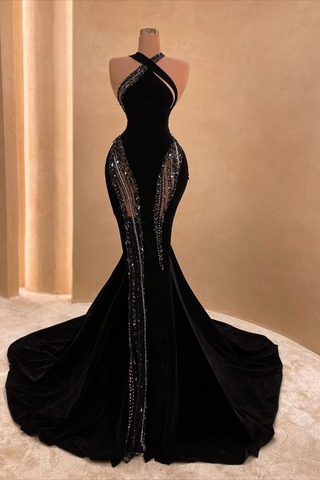 Robe de bal longue sirène noire sexy avec traîne, robe de soirée noire chic Y4178