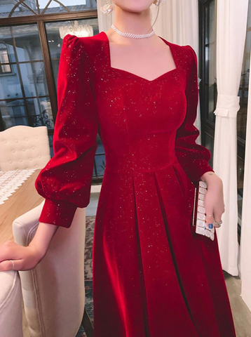 Robe de bal modeste à paillettes rouges, robe de soirée formelle musulmane, robe de mode Y4976