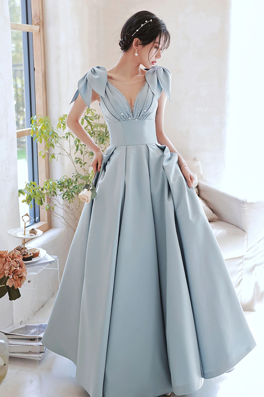 Cute Blue Satin Long Prom Dress A-Line Blue Evening Dress Y4549