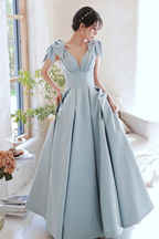 Cute Blue Satin Long Prom Dress A-Line Blue Evening Dress Y4549