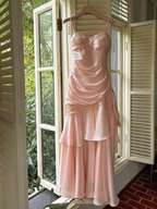 Robe de soirée sirène rose poudré à bretelles cœur, longue en satin, modèle Y8092