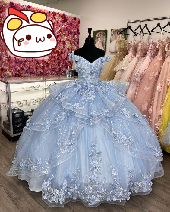 Vestido de gala azul con hombros descubiertos y flores, vestido de princesa azul, vestido para quinceañera Y2256
