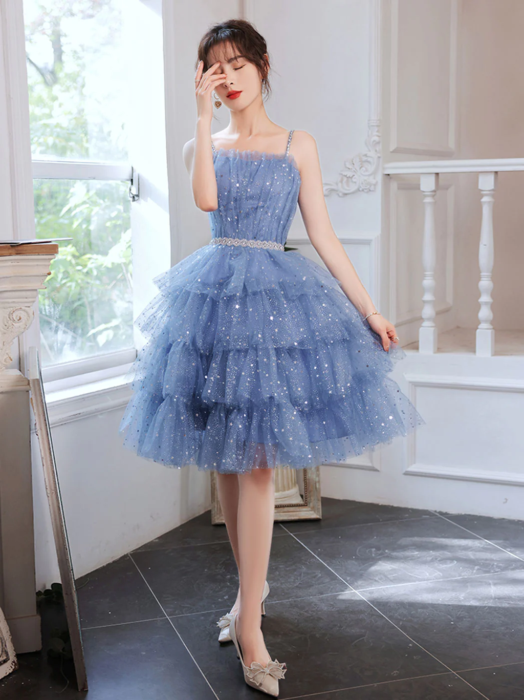 Vestido corto azul de fiesta con tul, vestido corto azul de fiesta de bienvenida Y2620