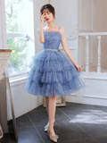 Vestido corto azul de fiesta con tul, vestido corto azul de fiesta de bienvenida Y2620