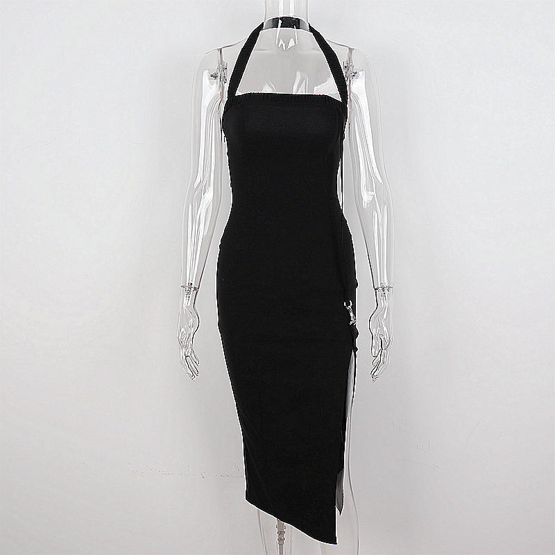 Vestido de fiesta negro de mujer con cuello halter y abertura, sexy vestido de noche negro sin mangas Y1161