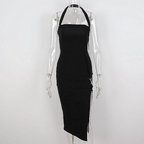 Vestido de fiesta negro de mujer con cuello halter y abertura, sexy vestido de noche negro sin mangas Y1161
