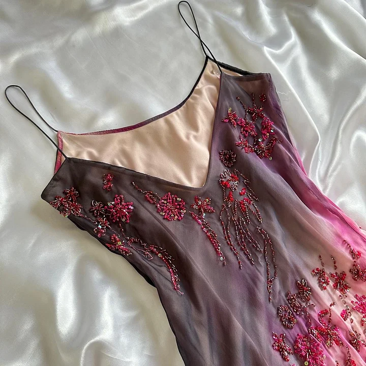 Precioso vestido de noche de gasa con tirantes finos y cuentas, estilo sirena, modelo Y8222