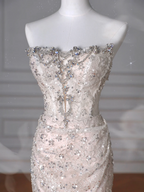 Robe de bal sirène longue sans bretelles en tulle à sequins scintillants Y8616