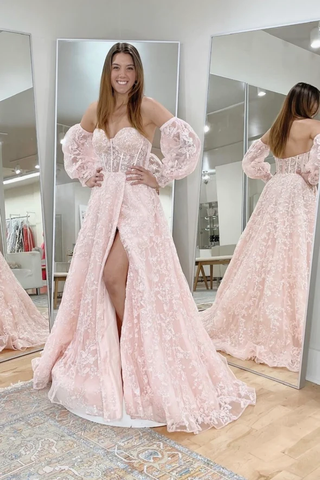 Robe de bal longue en dentelle rose à sequins, robe de soirée rose Y245