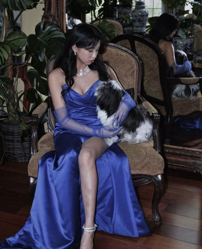 Elegante vestido largo de noche azul satinado, vestido de concurso Y2621