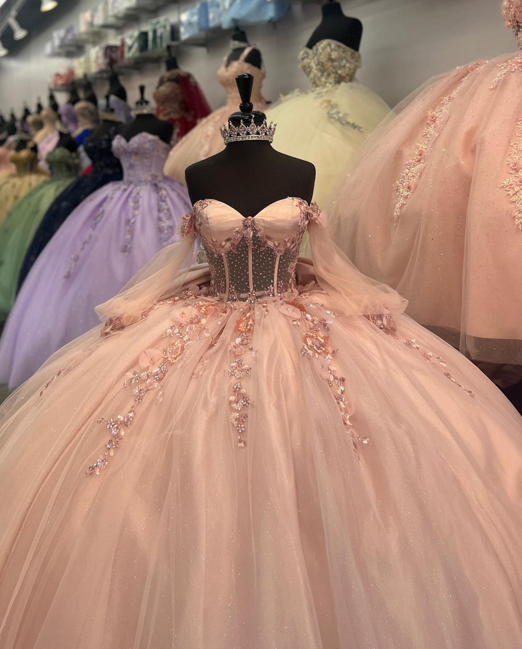 Vestido de quinceañera de manga larga con apliques de tul, vestido de baile, vestido para dulces 16 Y5461