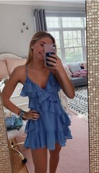 Vestido corto azul de fiesta de bienvenida, corte en A, escote en V. Precioso vestido de fiesta de bienvenida Y451