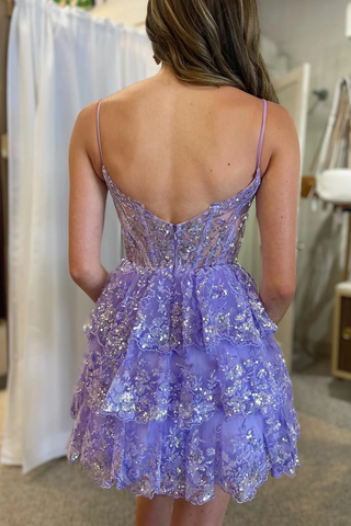 Vestido de fiesta de bienvenida de tul multicapa con lentejuelas y tirantes color lavanda Y2832