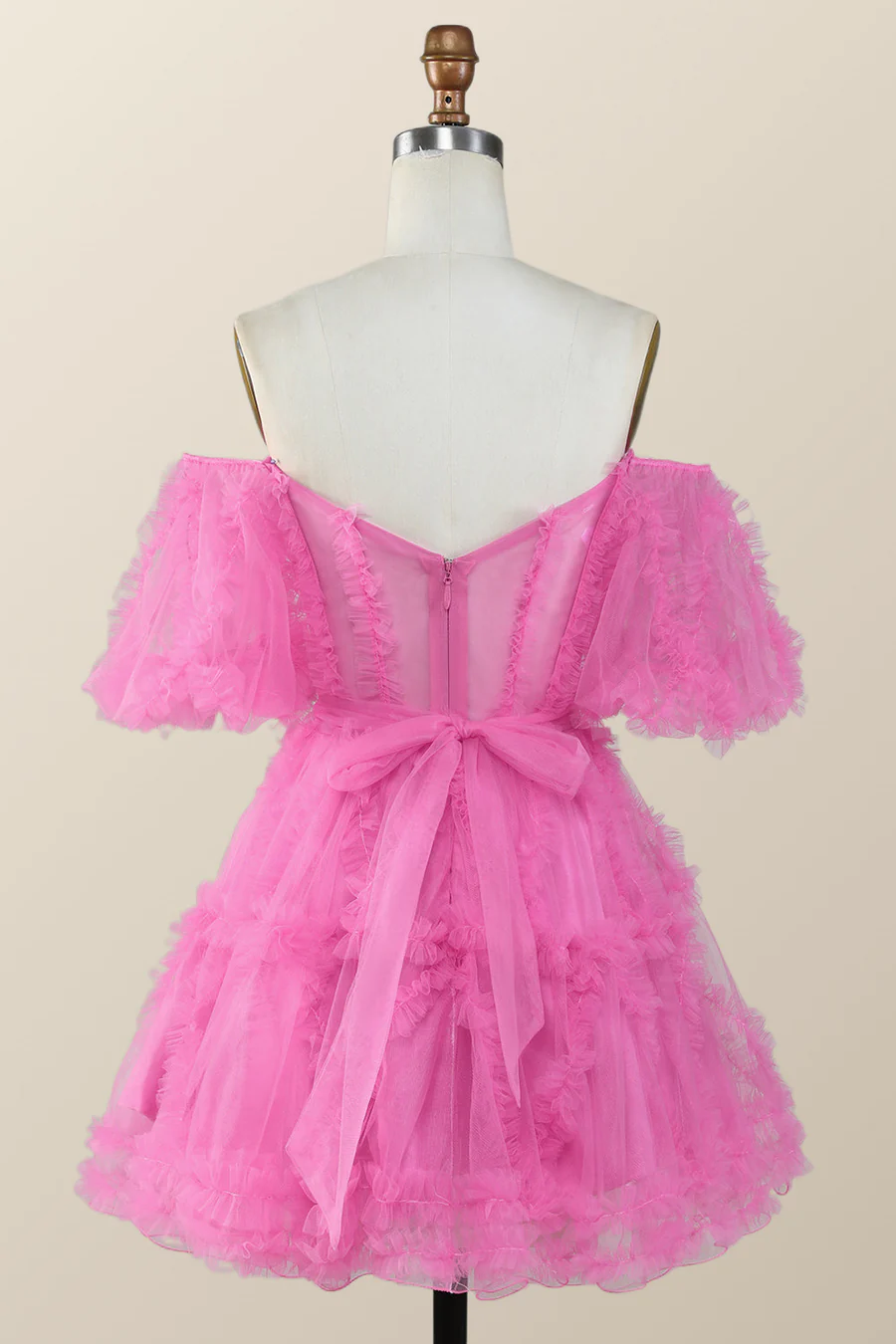 Robe de bal courte trapèze rose fuchsia à épaules dénudées et volants Y2783