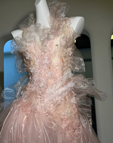 Vestido de fiesta largo de noche sin espalda, de tul rosa hada con cuentas Y8564