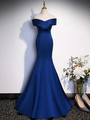 Royal Blue Mermaid Satin Long Prom Dress Off Shoulder Blue Evening Dress Y7429