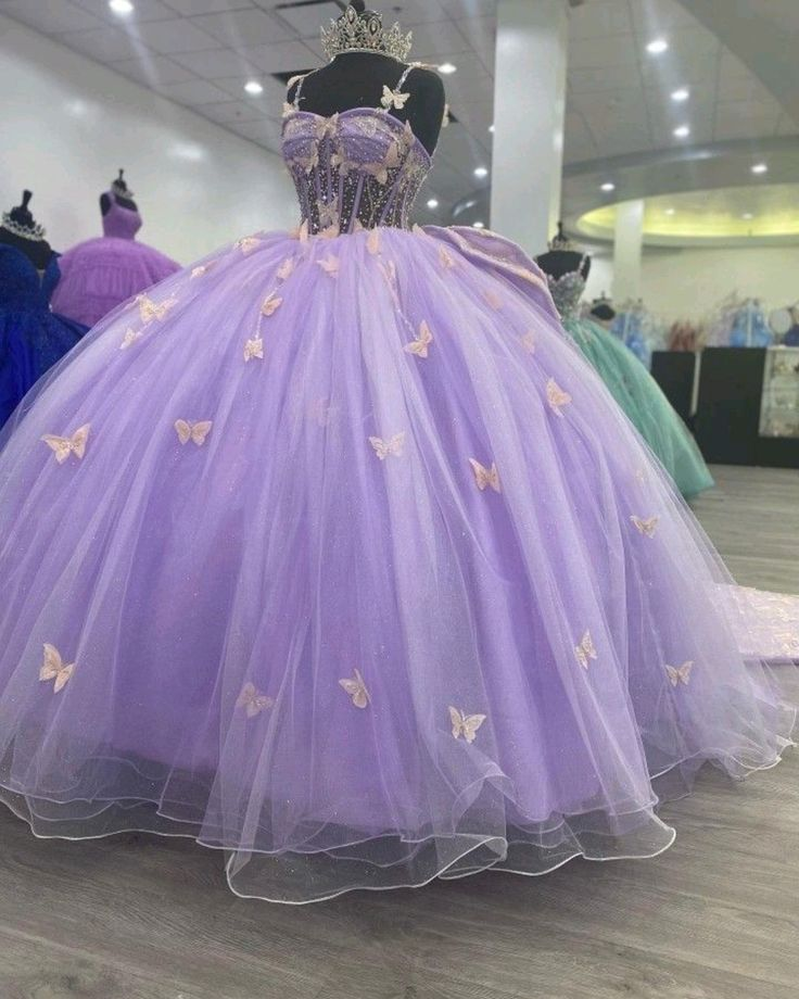 Vestido de princesa de tul morado glamuroso con mariposas, vestido de baile, vestido para quinceañera Y5463