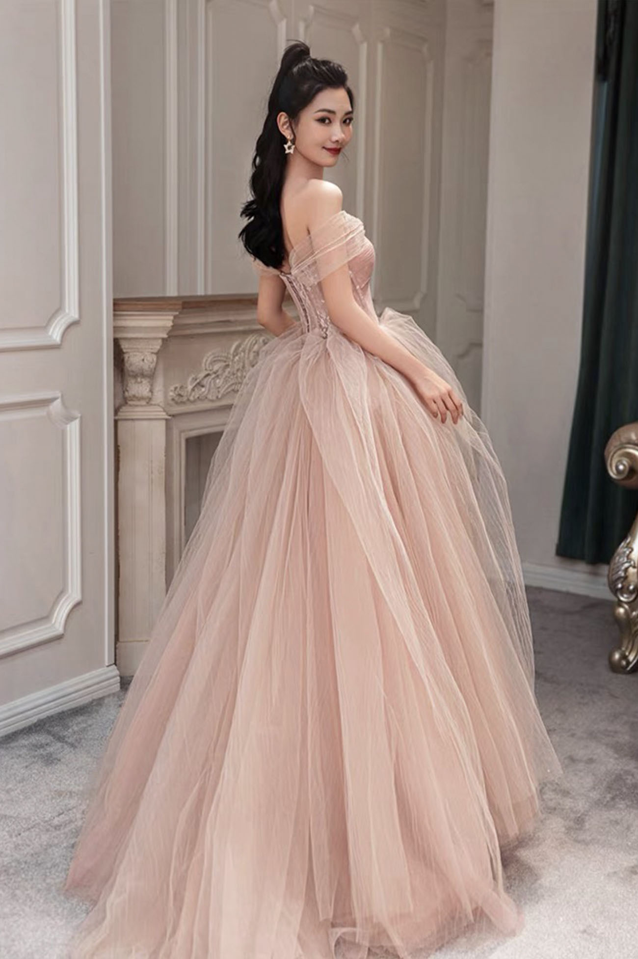 Robe de bal longue en tulle rose, robe de soirée rose Y1825