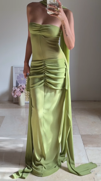 Vestido de fiesta largo verde único, sin tirantes y fruncido, vestido de noche formal Y8505