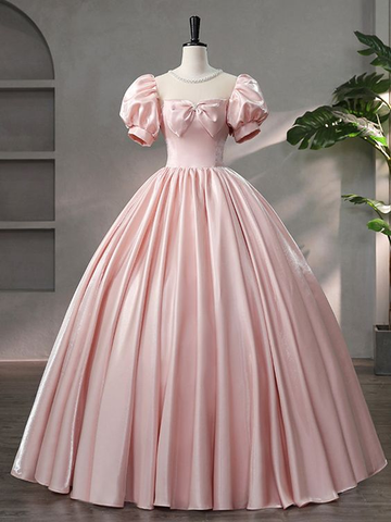 Beautiful Pink Scoop Neck Satin Floor Length Prom Dress A-Line Short Sleeve Evening Dress with Bow Y6082