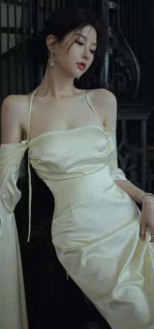 Robe de bal longue dos nu sexy en satin blanc à manches longues Y2080