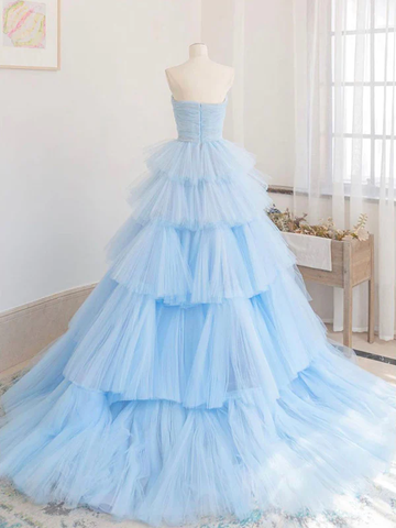 Robe de bal longue en tulle bleu hiver, robe de soirée en tulle bleu à plusieurs épaisseurs Y393