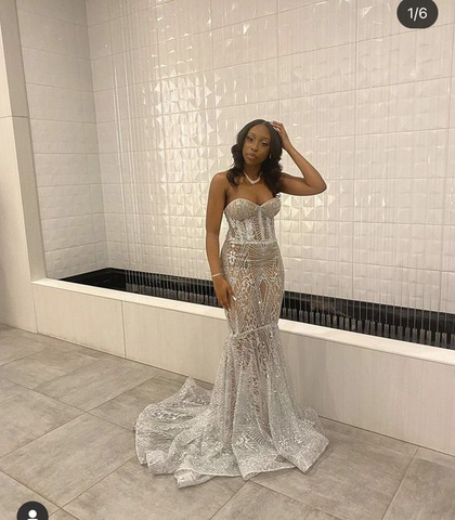 Vestido de noche de sirena plateado de lujo, vestido de graduación plateado Y6649