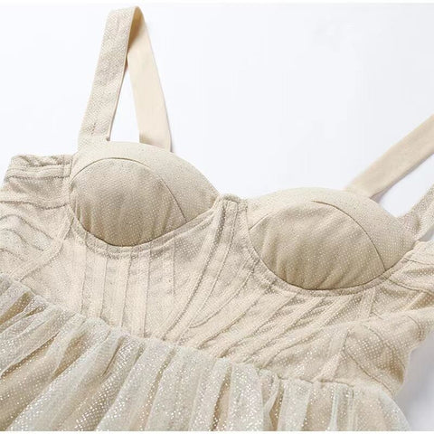 Vestido de fiesta de tul brillante con escote corazón y corte en A