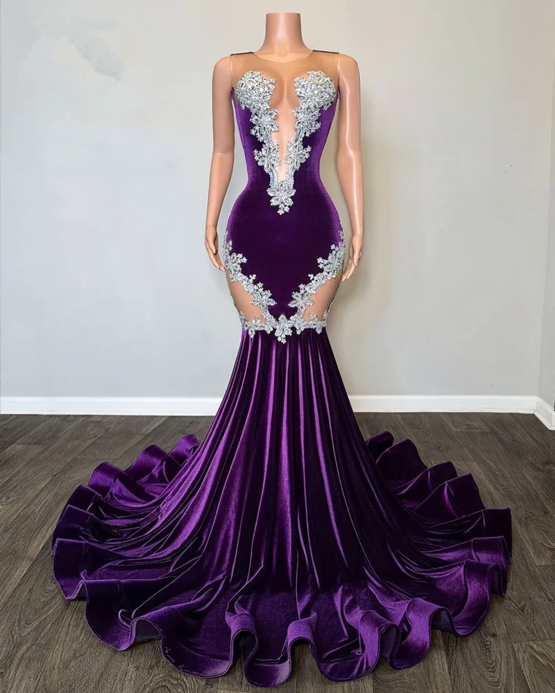Robe de soirée sirène violette neuve avec dentelle, élégante robe de bal noire à queue de poisson pour filles, grande taille, robe de soirée formelle Y6581