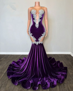 Robe de soirée sirène violette neuve avec dentelle, élégante robe de bal noire à queue de poisson pour filles, grande taille, robe de soirée formelle Y6581