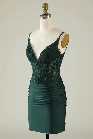 Tight V-Neck Dark Green Pleated Homecoming Dress with Appliques Y2660