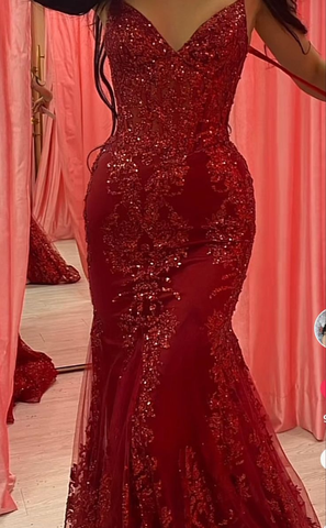Encantador vestido de noche de sirena de encaje y tul rojo para baile de graduación Y7854