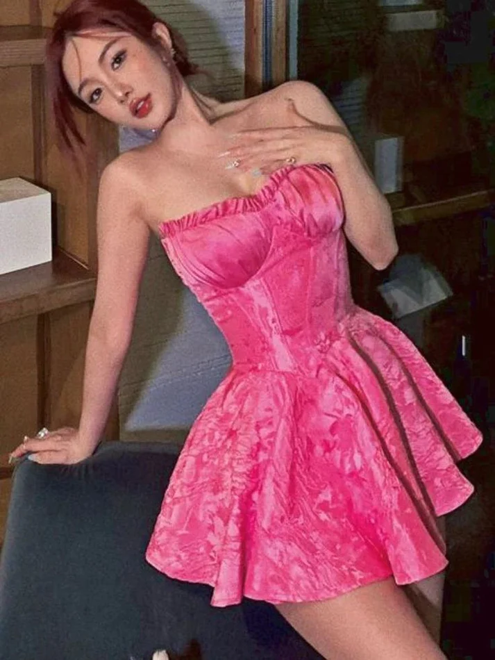 Vestido corto de fiesta rosa dulce, corte en A, sin tirantes Y7753