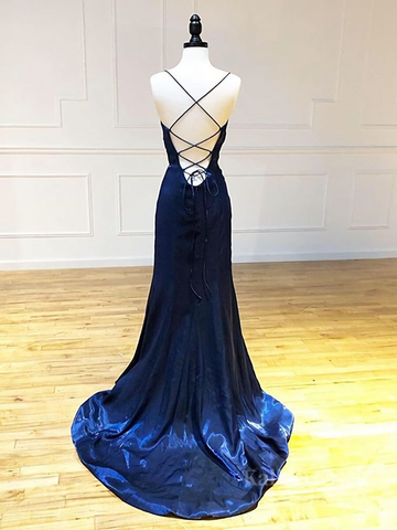 Backless Dark Navy Blue Long Prom Dresses Dark Navy Blue Formal Graduation Evening Dresses Y7432