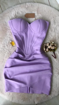 Vestido mini bandage drapeado sin tirantes color lavanda, vestido de fiesta color lavanda Y4037