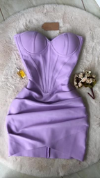 Vestido mini bandage drapeado sin tirantes color lavanda, vestido de fiesta color lavanda Y4037