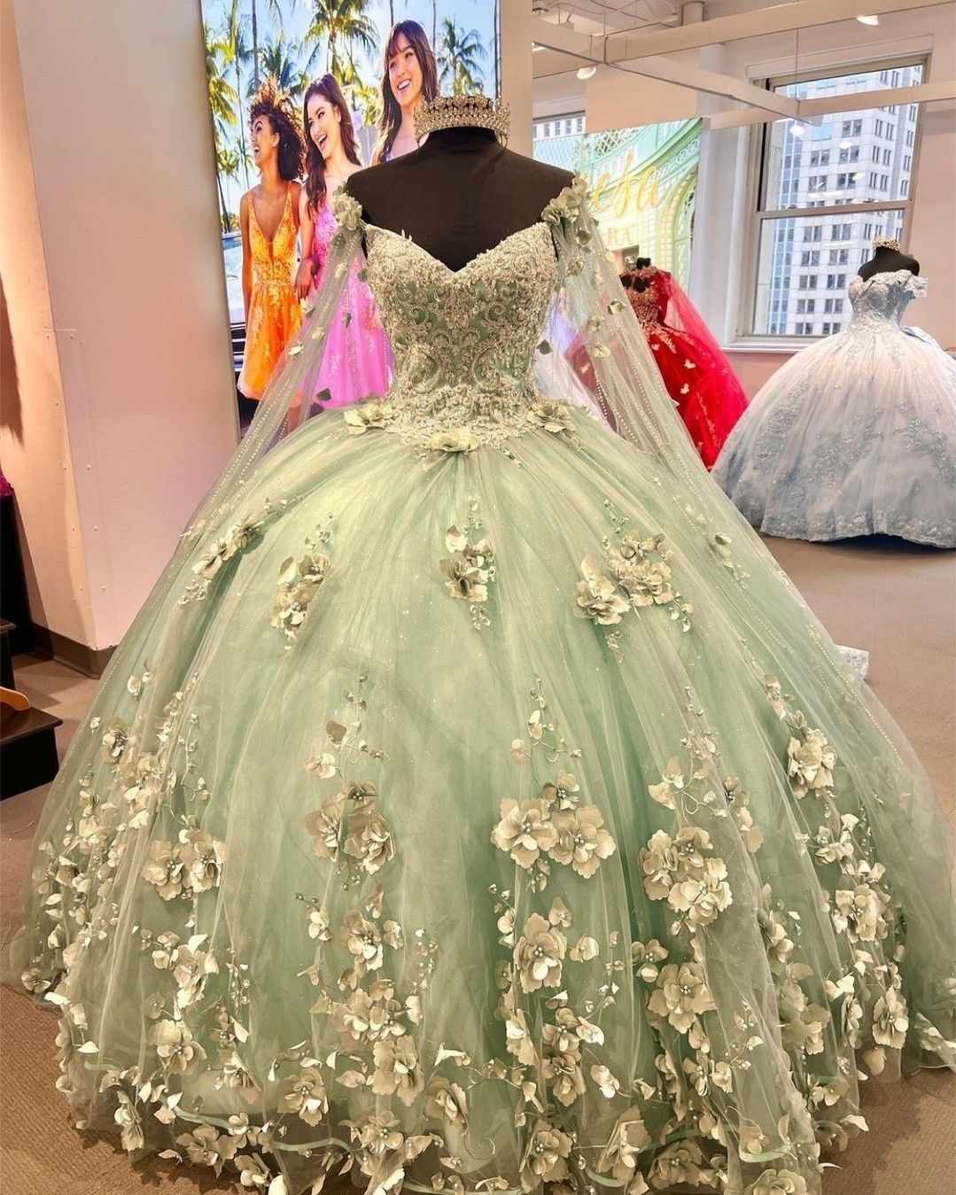 Vestido de baile de tul verde menta con flores 3D, vestido para quinceañera, vestido de princesa, vestido de fiesta Y2252
