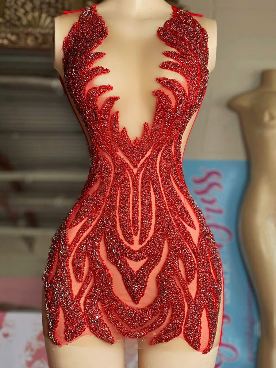 Vestido corto de lujo transparente rojo para niñas negras africanas, mini vestido de fiesta Y4424
