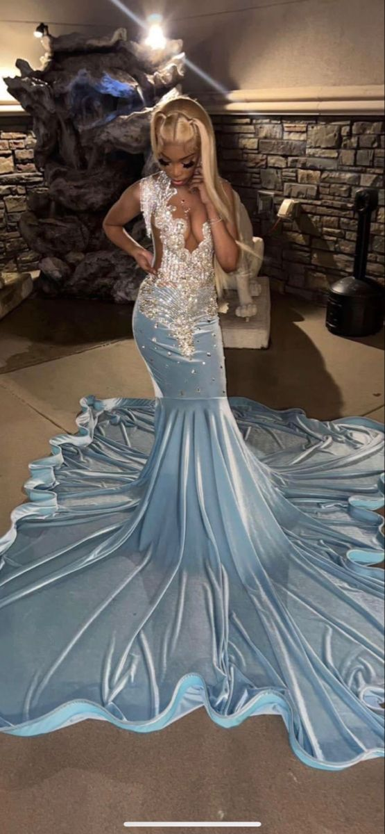 Vestido de noche de sirena africana azul bebé, vestido de fiesta Y6566