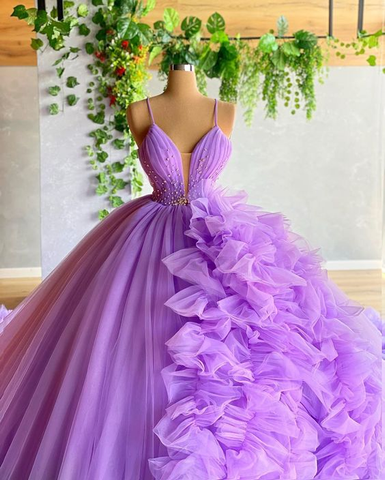 Vestido de baile de tul morado, corte en A, escote en V, vestido de princesa morado, vestido de hada Y6590