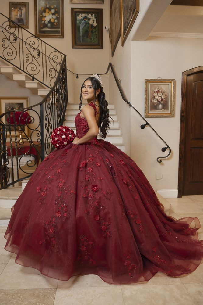 Vestido de baile burdeos con flores, vestido para quinceañera, vestido burdeos Y2345