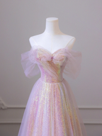 Shiny Tulle Sequins Long Prom Dress, A-Line Off the Shoulder Evening Dress Y1416
