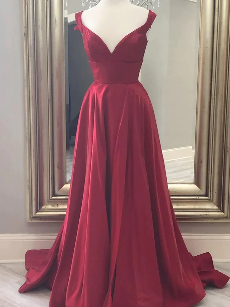 Vestidos largos de fiesta burdeos con escote en V y corte en A, vestidos de noche formales burdeos con hombros descubiertos Y246