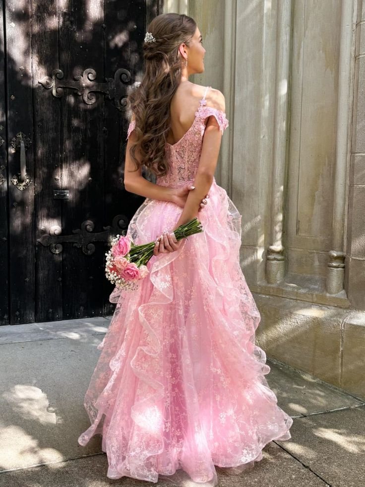 Vestido largo de fiesta rosa con hombros descubiertos, apliques florales de encaje esponjoso Y7846