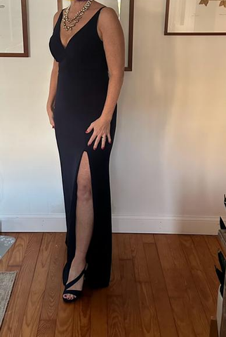 Classy V Neck Black Sleeveless Satin Prom Dress Side Slit Party Evening Dress Y8456