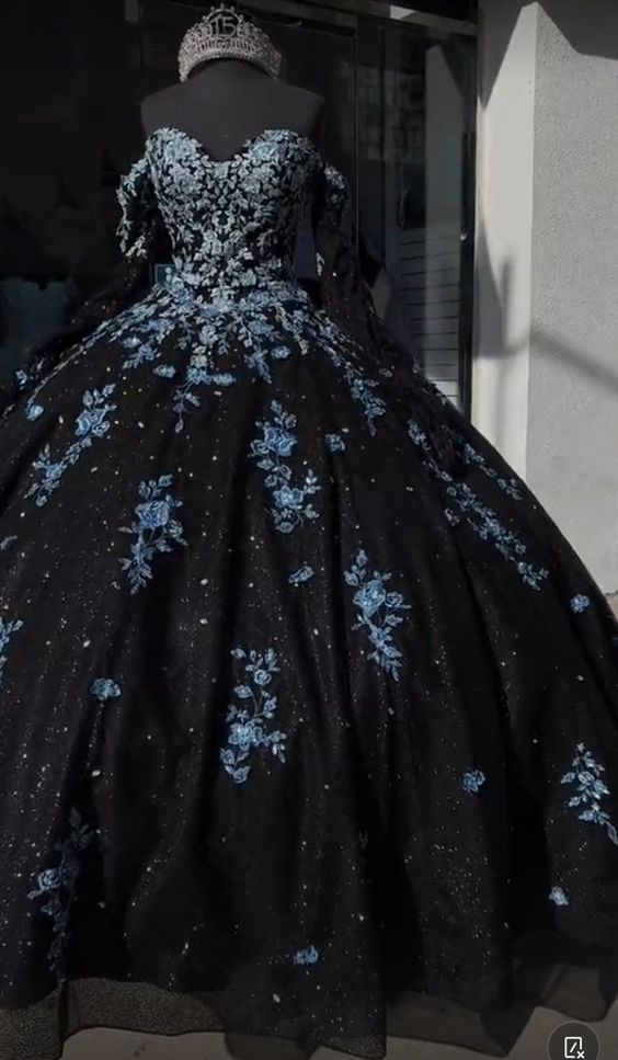 Vestido de quinceañera único en negro y azul claro, vestido de princesa, vestido de 16 años, vestido de baile Y4319